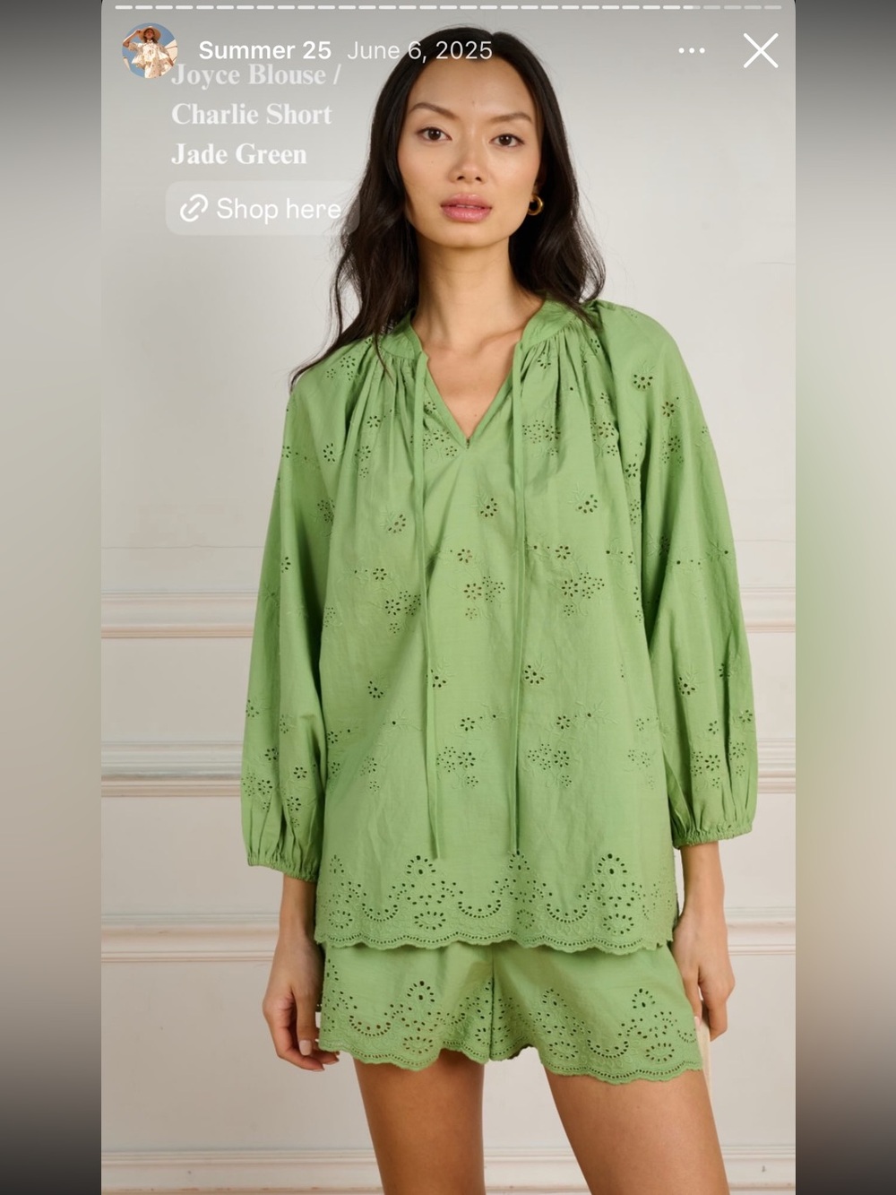 La Maregold Joyce Top in Green Eyelet Size XS/S Peasant Blouse